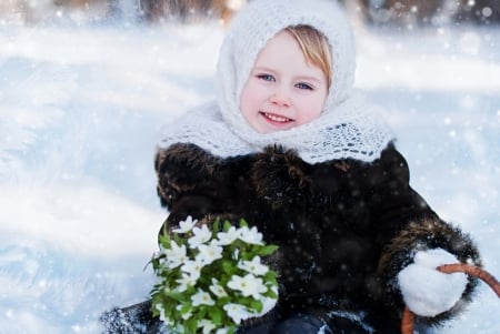 Little Girl - Smile, Girl, Snowdrops, Winter