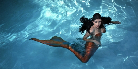 Mermaid - water, summer, blue, girl, orange, fantasy, siren, mermaid, vara, luminos