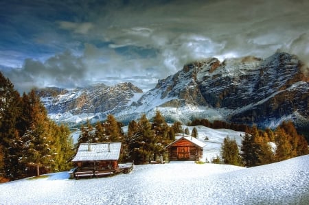 Winter evening - italy, mountains, clouds, smy, house, snow