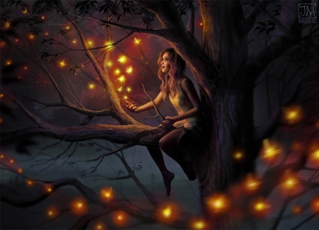 Magical Evening - clouds, evening, girl, fireflies, night, magical, leaves, tree, lights, sky