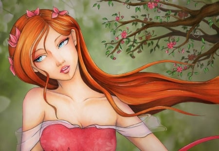 Girl - fantasy, wreath, flowe, redhead, green, girl, art, pink