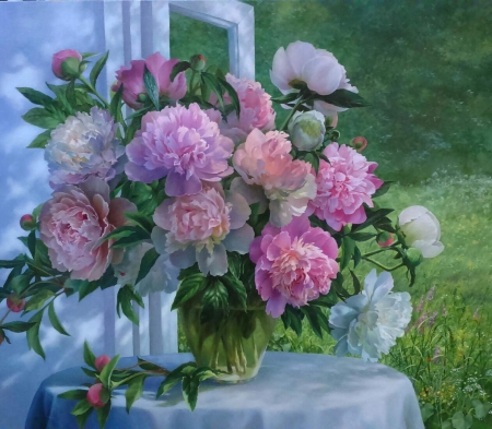 Peonies - peony, pictura, white, green, painting, flower, art, pink