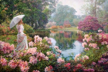 Summer - parasol, lake, vara, girl, water, summer, zbigniew kopania, painting, white, art, pink, luminos, umbrella, pictura, garden, flower