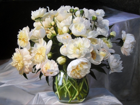 Peonies - vase, zbigniew kopania, flower, pictura, peony, white, painting, art, bujor