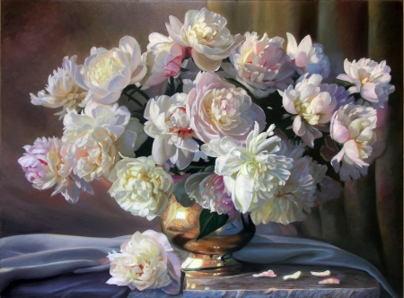 Peonies - vase, zbigniew kopania, flower, pink, still life, pictura, peony, white, painting, art, bujor