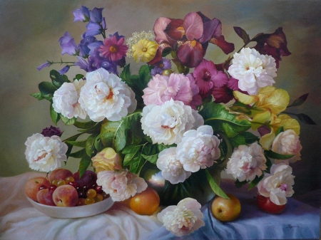 Flowers and fruits - zbigniew kopania, flower, pink, still life, pictura, peony, white, painting, fruit, art