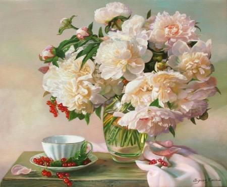 Still life - cherry, zbigniew kopania, flower, pink, still life, pictura, peony, red, painting, art, bujor, cup