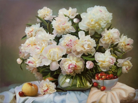 Still life - cherry, zbigniew kopania, flower, still life, pictura, peony, painting, fruit, art, bujor