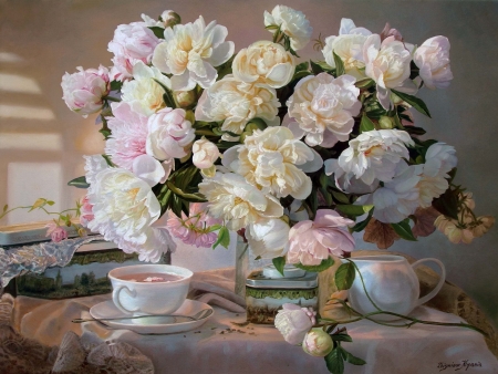 Still life - zbigniew kopania, tea, flower, pink, still life, pictura, peony, white, painting, art, bujor, cup