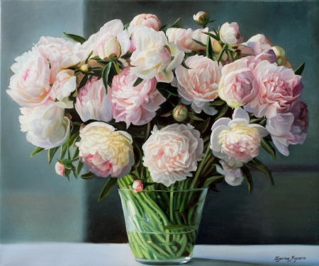 Peonies - painting, art, pink, peony, pictura, bujor, zbigniew kopania, flower