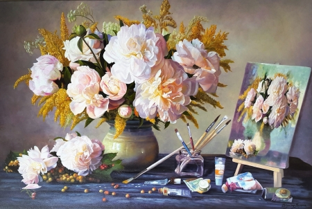 Still life - painting, art, peony, pictura, bujor, zbigniew kopania, flower