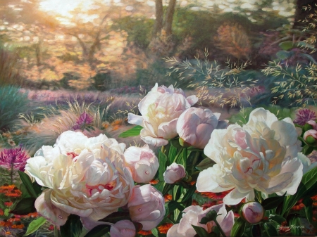 Peonies - peony, pictura, zbigniew kopania, garden, painting, art, bujor, pink