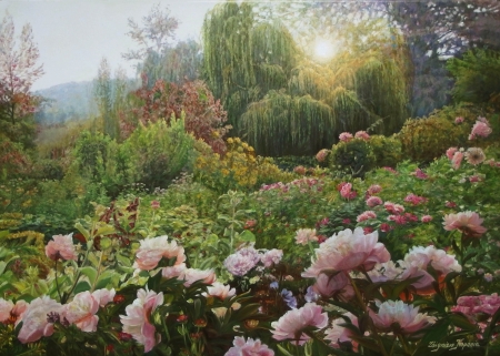 Peonies - zbigniew kopania, painting, art, pink, green, peony, pictura, bujor, garden, flower