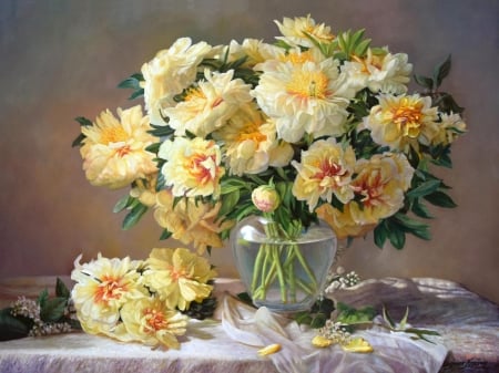 Peonies - vase, yellow, zbigniew kopania, flower, pictura, peony, painting, art, bujor