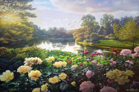 Roses - summer, flower, rose, pink, water, zbigniew kopania, yellow, garden, lake, pictura, vara, painting, green