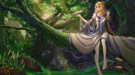 Fantasy - woman, green, tree, branch