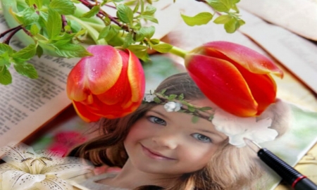 little girl - girl, crown, little, tulips