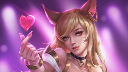 Ahri - heart, fox, girl, lol, pink, ahri, fantasy, hand, face