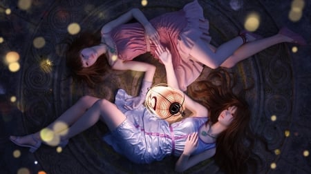 Sisters - girl, lantern, luminos, pink, blue, sister, fantasy, harry luo