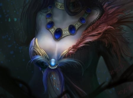 Elf (detail) - elf, girl, jewel, fantasy, art, luminos, andrew pokhalchuk, blue, feather