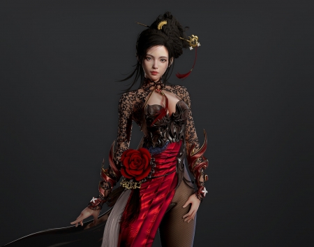 Blade and Soul - c loola, girl, flower, fantasy, red, blade and soul, rose, asian, luminos