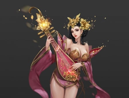 Fantasy girl - yellow, dandan nam, girl, pink, frumusete, fantasy, instrument, golden, asian, luminos