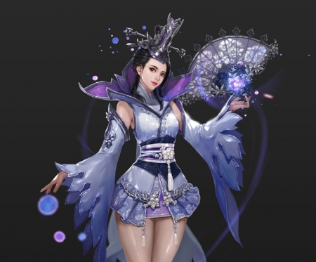 Fantasy girl - hand fan, fantasy, dandan nam, blue, girl, asian, pink, luminos