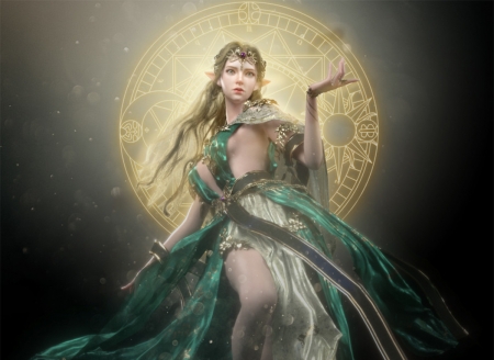 Elf princess - elf, fantasy, green, girl, princess, hyun sun kwon, jewel, luminos