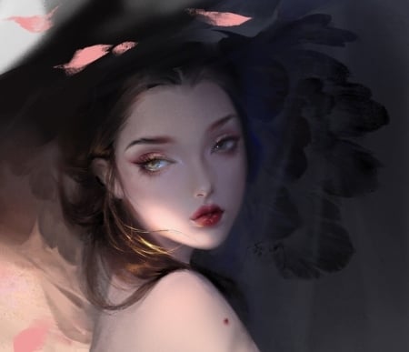 Yang Yuhuan - girl, frumusete, asian, fantasy, face, art, luminos, yang yuhuan, feather, kuishi xu