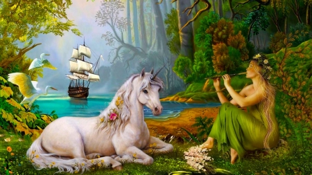 Magical,Music - flute, woman, ship, island, magiacl, unicorn