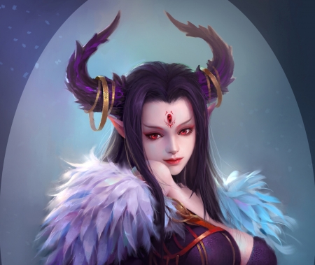 Enchantress - blue, feather, horns, frumusete, fantasy, purple, ljz, luminos, demon, enchantress