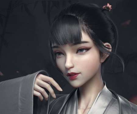 Girl - yihao ren, girl, frumusete, asian, fantasy, face, luminos, hand, kimono