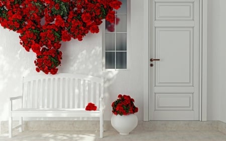 Bouquet and decoration - bouquet, bench, decoration, door