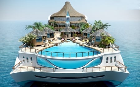 Tropical Island - Pool, Palm trees, Sea, Yacht