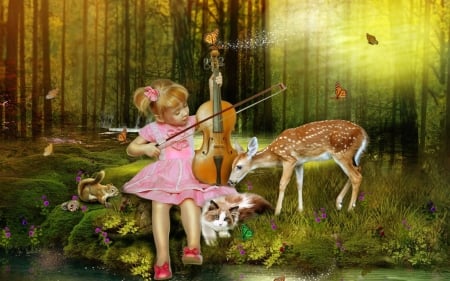 Little Girl - animals, violin, gi rl, music, deer