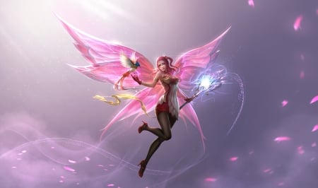 Fairy - bird, girl, pink, pasari, fantasy, wings, fairy, junt, luminos