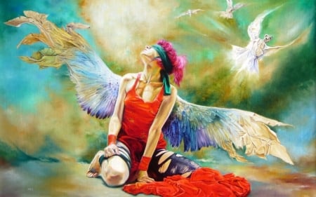 Angel - bird, blue, dove, girl, angel, orange, pasari, pictura, fantasy, blind, green, painting, wings, vladimir kuklinski, art, luminos