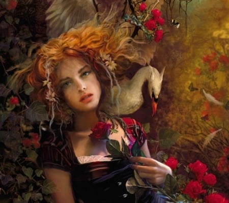 â™¥ - swan, redhead, girl, bente schlick, rose, fantasy, bird, art, pasari, red, luminos, flower