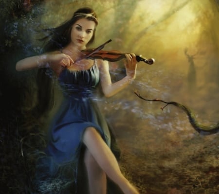 :) - art, girl, blue, bente schlick, instrument, violin, fantasy, dress