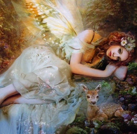 Fairy - girl, flower, fantasy, caprioara, animal, redhead, bente schlick, deer, wings, fairy, art, luminos