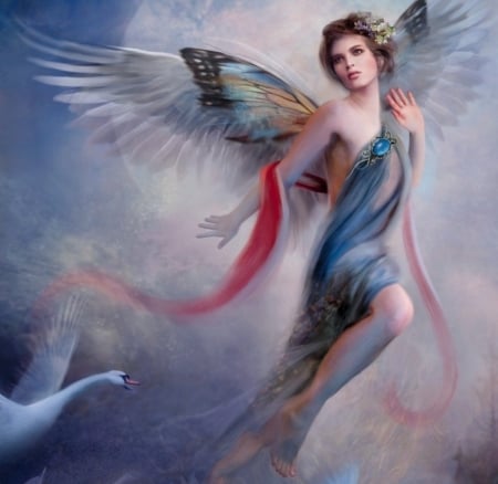 Leda - bird, blue, swan, pasari, fantasy, white, bente schlick, wings, leda, art, luminos