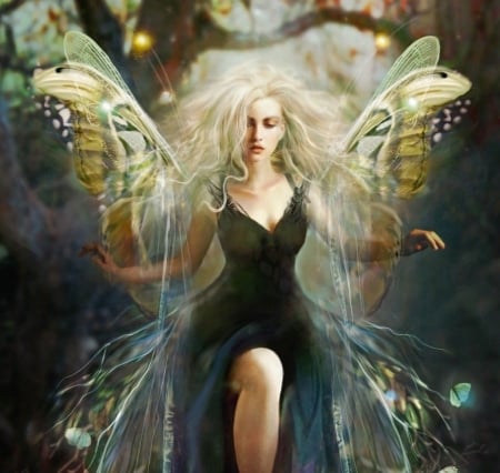 Fairy - black, yellow, girl, art, wings, fantasy, bente schlick, fairy, luminos