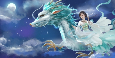 :) - moon, girl, frumusete, fantasy, feimo, white, luminos, blue, dragon, luna