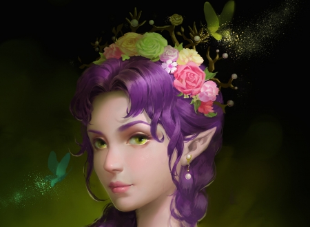 Elf girl - face, flower, pink, elf, girl, frumusete, liu laurie, fantasy, luminos, green