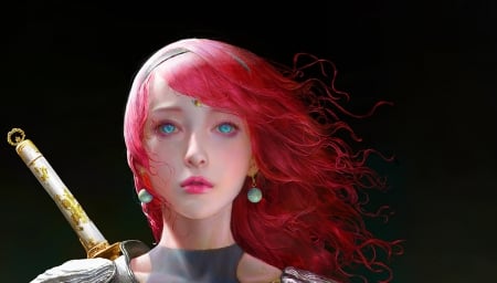 Redhead - face, redhead, art, shaoda ju, luminos, jewel, frumusete, fantasy