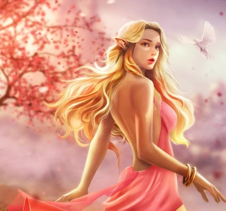 Blonde angel - hosne qanadelo, angel, girl, frumusete, fantasy, spring, pink, luminos, flower, blonde