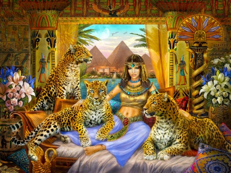 Leopard Queen - pretty, leopard, queen, girl, egypt, fantasy, digital, woman, art, wallpaper