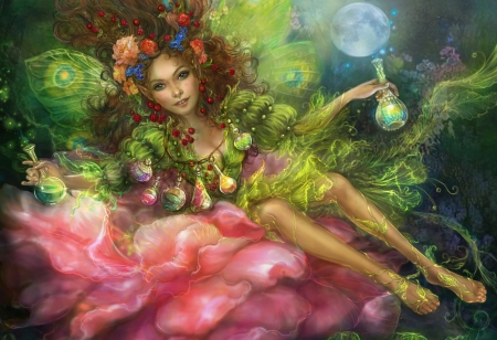 Perfume Fairy - woman, girl, wallpaper, fantasy, flacon, art, pretty, fairy, digital, flower