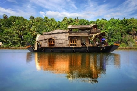 Kerala Backwaters, India - clouds, river, boat, asia, sky