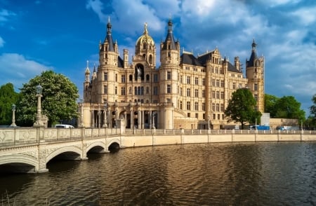 Castle of Schwerin, Germany - sky, building, river, clouds, cars, bridge